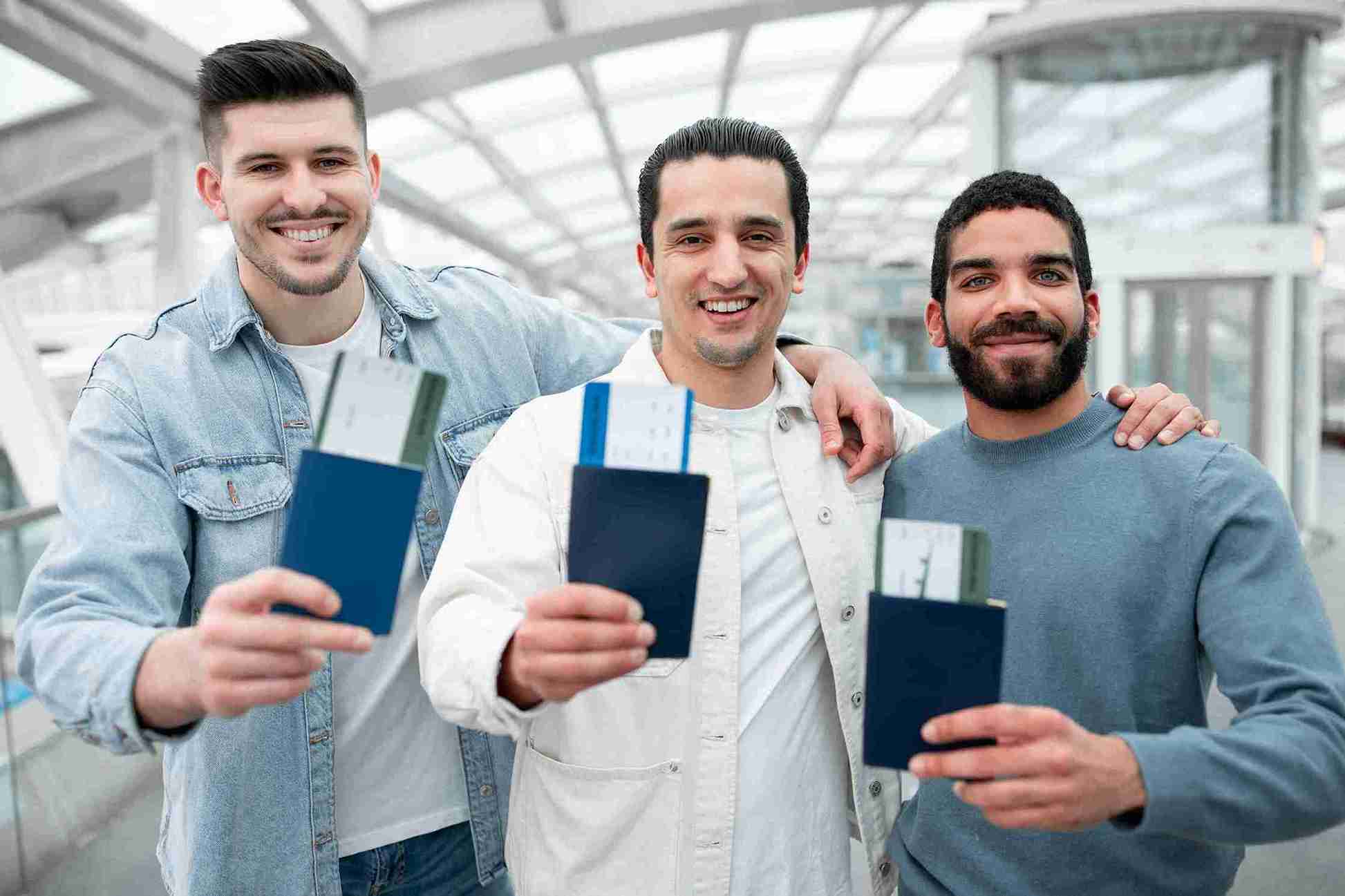 Three men proudly displaying their passports, showcasing excitement and readiness for travel adventures ahead.