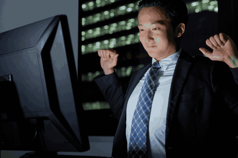 A man in a suit and tie sits at a desk, focused on his computer screen.