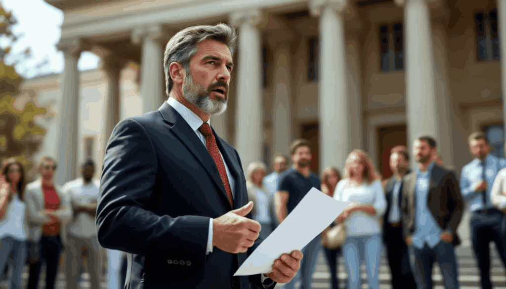(A lawyer in a formal suit stands confidently in front of a public court, addressing a casually dressed audience. The scene highlights the importance of public law principles, as the lawyer discusses the legal process and the rights of individuals in relation to public bodies and government policy.)