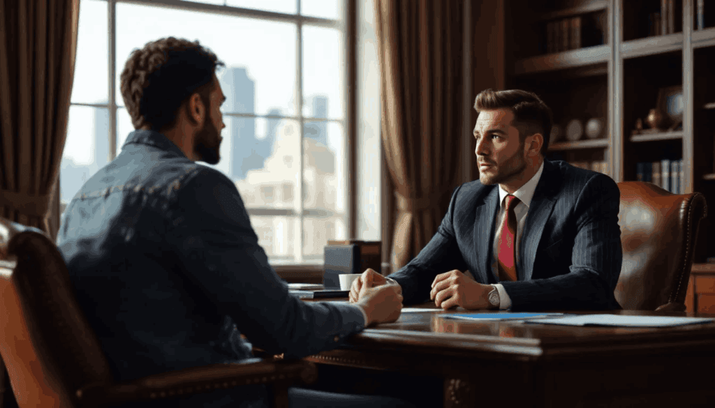 (A lawyer dressed in formal attire sits at a desk in his chamber, consulting with a casually dressed client. The scene reflects a professional environment where they discuss property disputes and legal strategies, highlighting the lawyer's expertise in property law and dispute resolution.)
