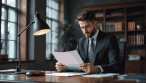 (A lawyer sits in a well-furnished chamber, intently reading a legal form, possibly related to a judicial review application.