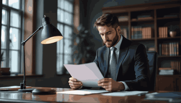 (A lawyer sits in a well-furnished chamber, intently reading a legal form, possibly related to a judicial review application.