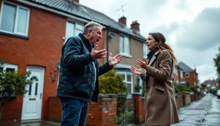 (The image depicts two individuals standing outside a home in the UK, engaged in a heated dispute regarding leasehold property issues