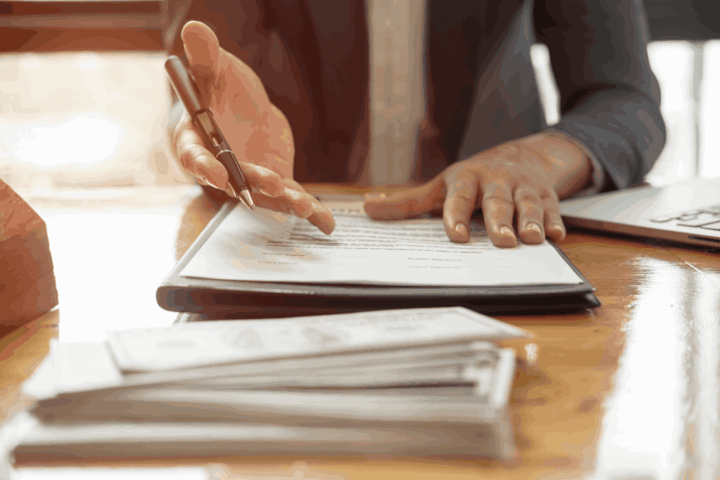 A business person in a suit signing a contract on a desk, with a pen in hand and focused expression.