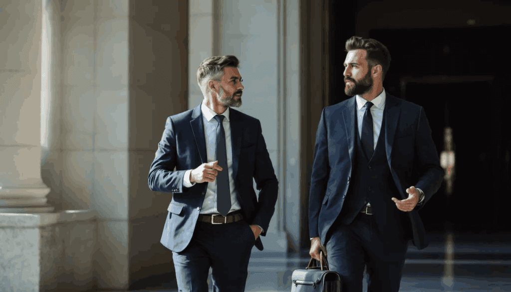 (A lawyer in formal attire and a casually dressed client are exiting a courtroom, engaged in a discussion about the possibility of making a public law challenge regarding a recent judicial review. The scene reflects their focus on public law principles and the legal process involved in addressing issues related to public authorities and government policies.)
public law challenge UK