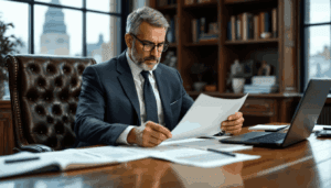 (The image depicts a UK lawyer in a professional office setting, engaged in a discussion with a homeowner and a tenant, working to resolve a property dispute.