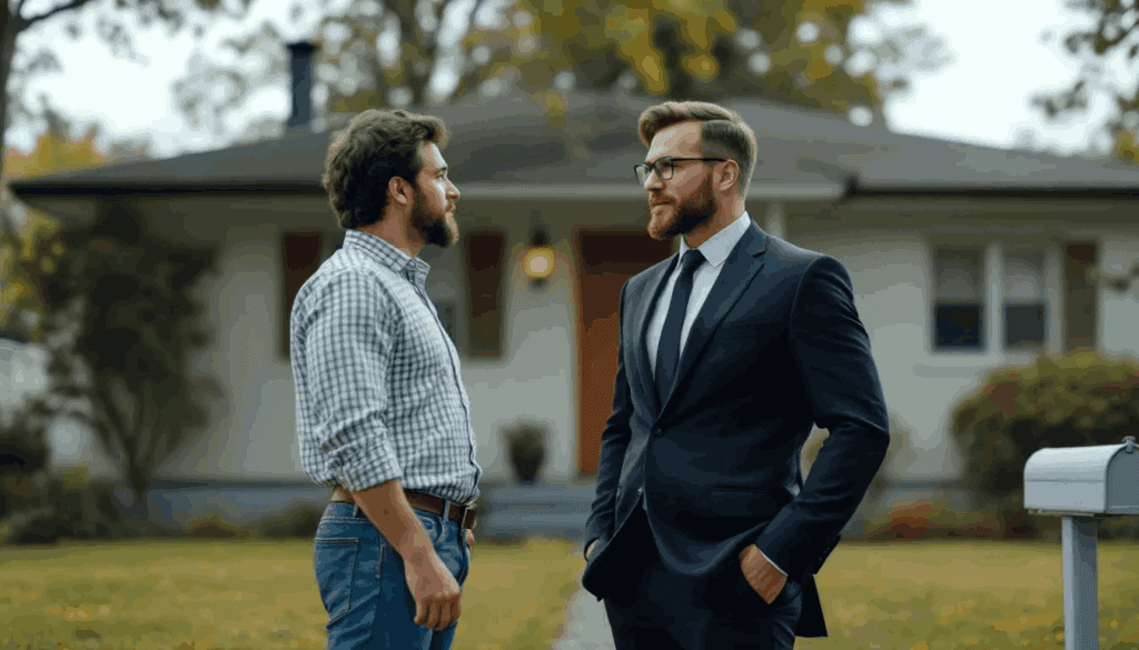 (A lawyer in a black suit is engaged in conversation with a client dressed in jeans and a shirt, both standing in front of a property. This scene highlights the legal expertise involved in property disputes and the importance of effective communication in property litigation.)
property disputes lawyer