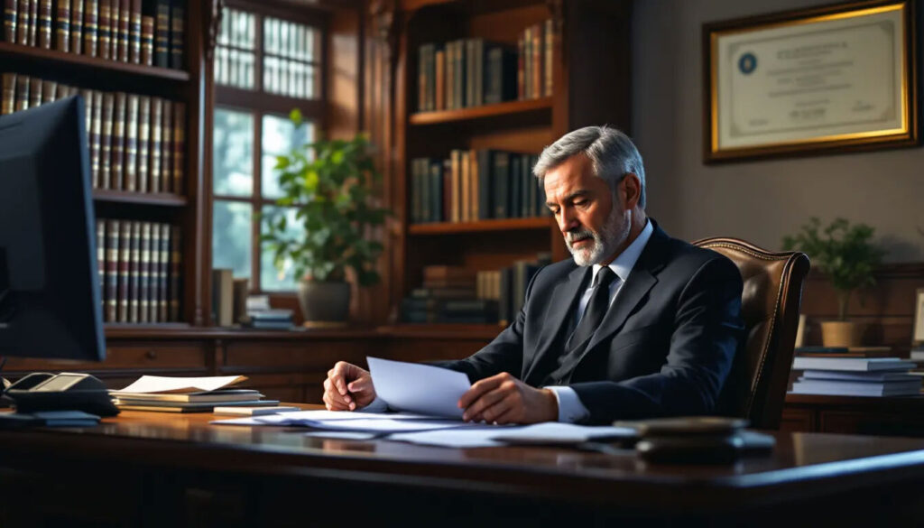 (The image depicts a solicitor sitting in a well-furnished chamber, surrounded by legal books and documents, as he prepares to offer expert legal advice on leasehold disputes. He is focused on resolving issues related to leasehold properties, such as service charges and ground rent, while emphasizing the importance of seeking legal advice for effective dispute resolution.)