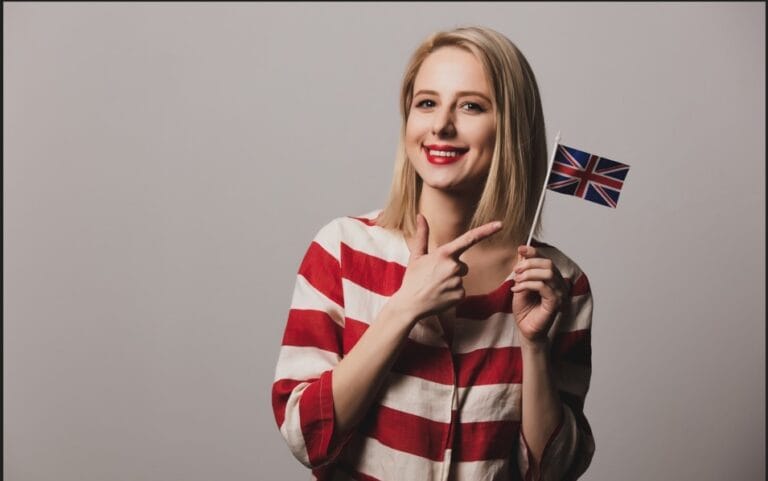 (This image represents the idea of self sponsorship visa UK as you can see a girl pointing at UK flag)