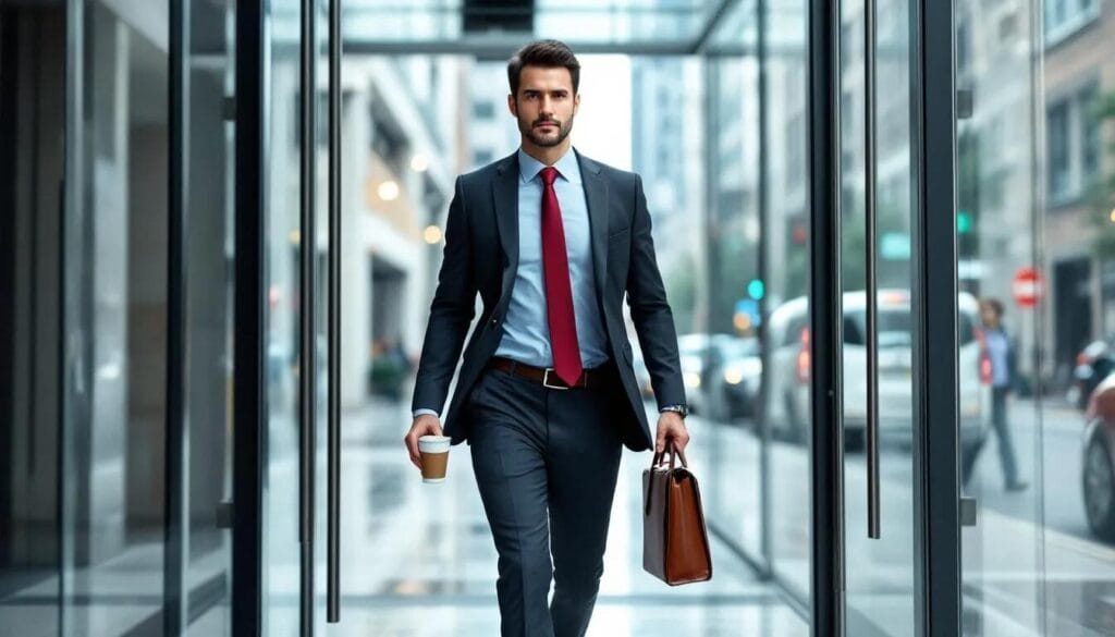 The image depicts a confident corporate employee stepping out of their office, embodying a commitment to corporate social responsibility and positive engagement with local communities. Their demeanor reflects an open and honest approach to business operations, highlighting the importance of socially responsible behavior in the workplace.