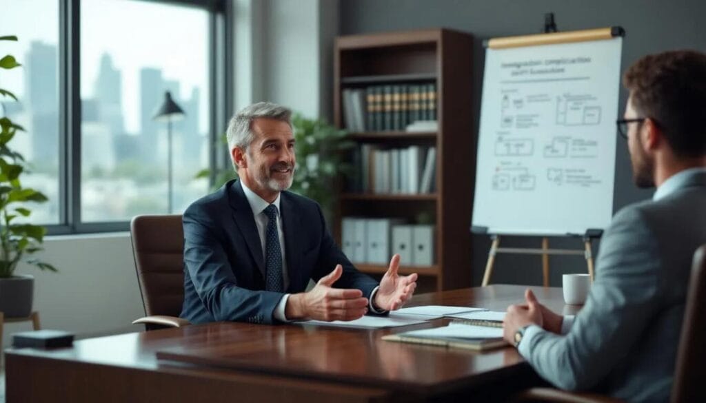 The image depicts a lawyer seated in a well-furnished chamber, attentively guiding an employer on best practices for maintaining immigration compliance, including essential immigration compliance procedures and the importance of adhering to UK immigration rules to prevent illegal working. The lawyer appears knowledgeable and professional, emphasizing the legal obligations and potential penalties associated with immigration law.