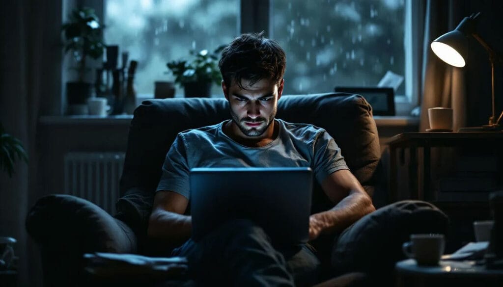 (The image depicts an individual sitting in their home, looking distressed as they grapple with challenges related to planning permission and judicial review claims. Papers scattered around suggest they are navigating the complexities of local planning authority decisions and the time limits for appealing or challenging those decisions.)