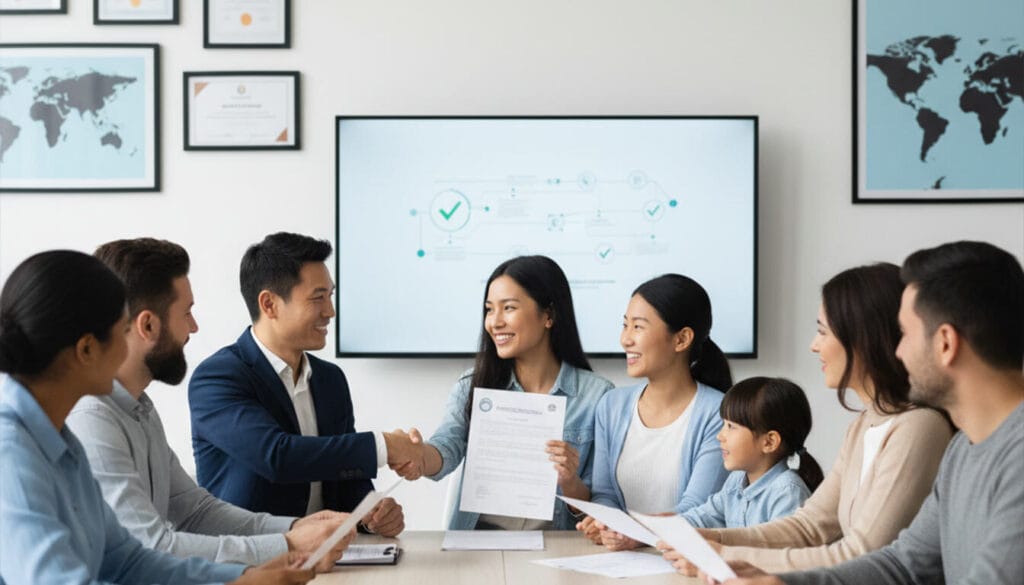 (A diverse group of clients, including a family with a child, sits around a table with immigration service providers. A male and female professional are shaking hands, with the woman holding a document, symbolizing successful client-centered immigration services. Maps and framed certificates adorn the background walls, and a large screen displays an immigration process flowchart.)Immigration Solicitors in Manchester