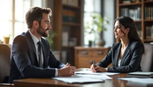 (A male and female couple are seated in a lawyer's chamber, discussing the necessary cohabitation evidence required for UK partner visa applications. They are reviewing supporting documents such as tenancy agreements, bank statements, and official letters to prove their genuine relationship and shared living arrangements.)