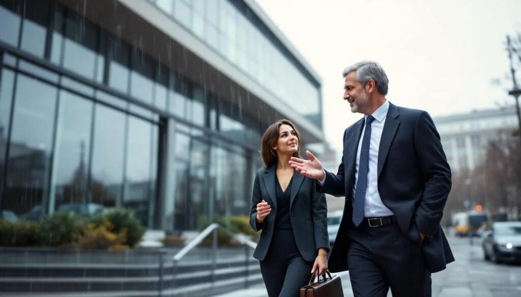 (The image depicts a lawyer and a client walking outside a courtroom, engaged in a conversation about common challenges in the legal process and strategies to overcome them. They appear focused and serious, reflecting the complexities of topics such as self sponsorship visa requirements in the UK and the importance of navigating legal obligations effectively.)