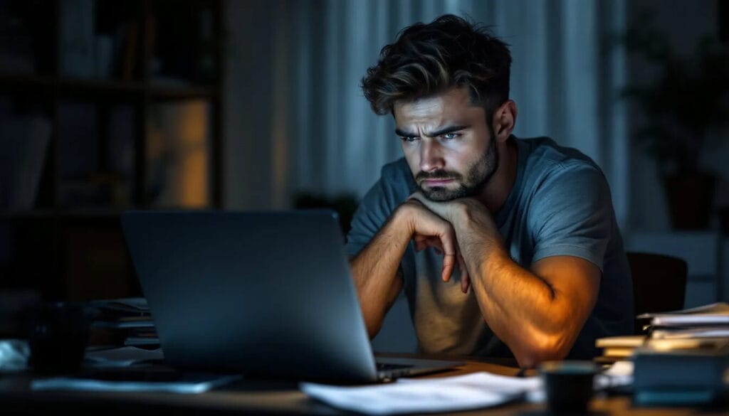 (The image shows a worried individual sitting at a desk, anxiously examining a spouse visa application filled with various relationship evidence documents, including a marriage certificate and utility bills. The person's expression reflects concern over a potential mistake that could affect their genuine relationship requirement for the UK spouse visa process.)
proof of relationship documents UK