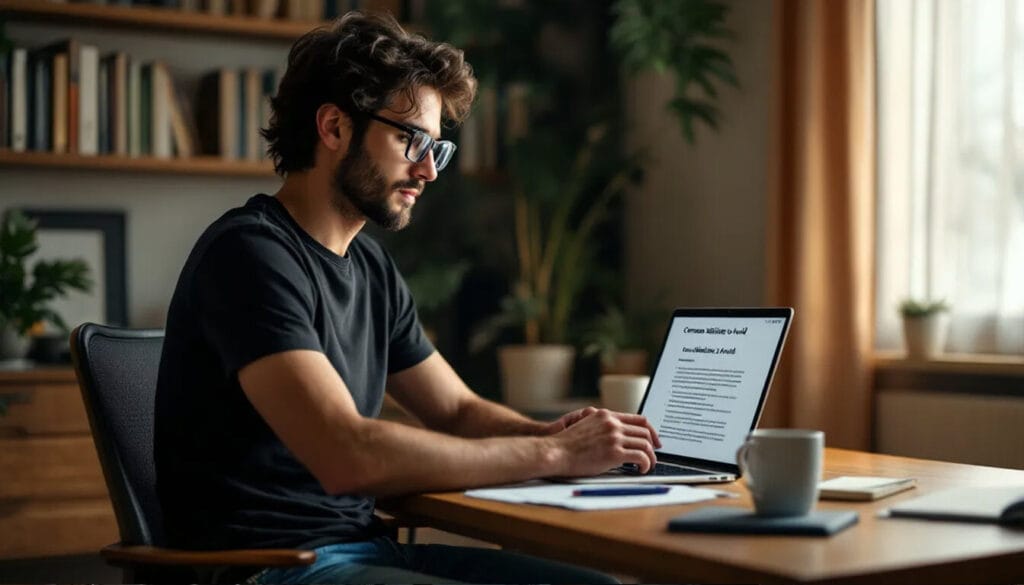 (A person is sitting at a desk, intently reading on their laptop about "Common Mistakes to Avoid" in relation to cohabitation agreements and legal documentation. The image conveys a sense of focus and importance, highlighting the need for proper supporting documents such as tenancy agreements and proof of living together for couples, regardless of their marital status.)