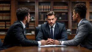 In a lawyer's chamber, two corporate employees engage in a discussion with their lawyer about criminal law, focusing on topics like corporate criminal liability and economic crimes.