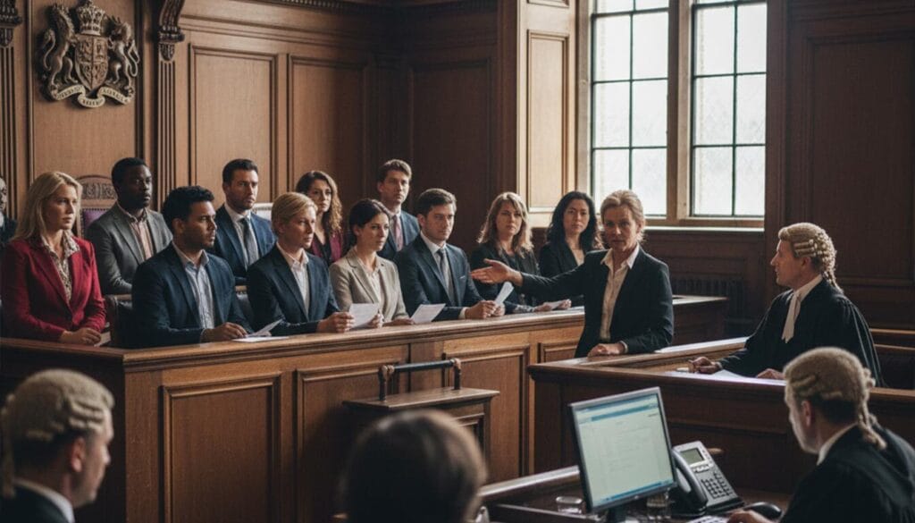 The image depicts a jury seated in a courtroom, attentively listening as they prepare to give orders related to corporate criminal liability and economic crime offences.