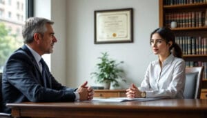 (The image shows a person seated in a lawyer's chamber, engaged in a discussion with their lawyer about the requirements for the dependent visa UK. They are surrounded by legal books and documents, emphasizing the importance of understanding visa categories and supporting documents needed for the visa application process.)dependent visa UK