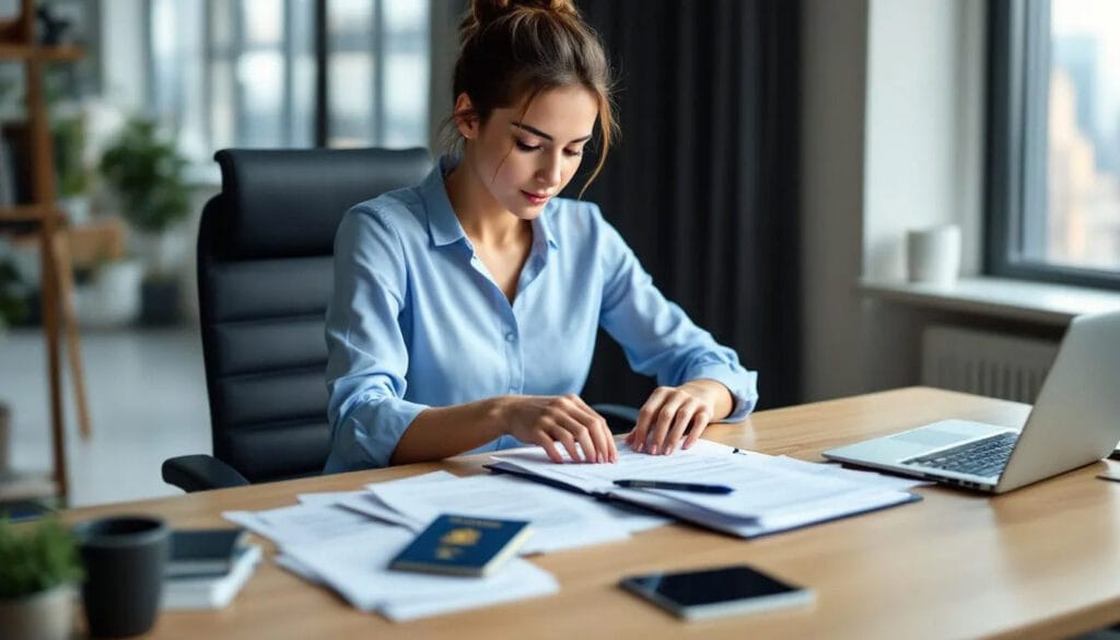 (A person is seated at a desk, carefully organizing a stack of documents related to various UK visa categories, including a skilled worker visa and dependent visa application. The scene conveys a sense of preparation and attention to detail as they gather essential paperwork for their visa application process.)dependent visa UK