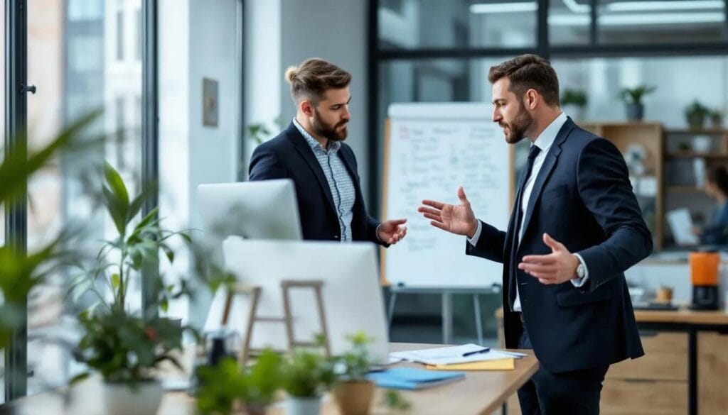 An employer is seen guiding an employee in a modern office setting, discussing important aspects of immigration compliance requirements and ensuring adherence to UK immigration rules. The scene highlights the employer's role in supporting the employee's visa status and maintaining legal obligations within the workplace.