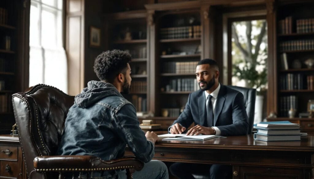 (A casually dressed person is seated in a lawyer's chamber, engaged in a conversation with their lawyer about how to organize and present their cohabitation evidence, including discussing important documents like tenancy agreements, bank statements, and personal letters to prove their genuine relationship. The atmosphere suggests a serious yet supportive discussion on legal matters related to cohabitation.)
cohabitation proof