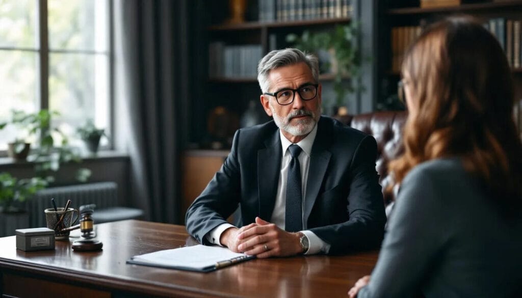 (A lawyer sits in a well-furnished chamber, attentively guiding a client on how to strengthen their visa reapplication after receiving a refusal letter. The scene conveys a professional atmosphere, emphasizing the importance of sufficient evidence and understanding immigration rules to improve the chances of a successful visa application.)