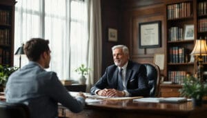 (A lawyer is seated in a well-furnished chamber, discussing the judicial review process with a client, explaining the steps involved in judicial review proceedings and the importance of understanding public body decisions. The scene conveys a sense of professionalism and guidance in navigating the complexities of the judicial review application and related legal concepts.)