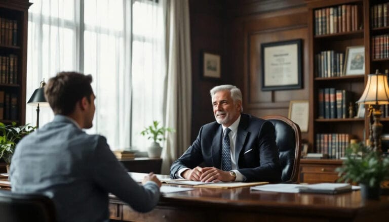 (A lawyer is seated in a well-furnished chamber, discussing the judicial review process with a client, explaining the steps involved in judicial review proceedings and the importance of understanding public body decisions. The scene conveys a sense of professionalism and guidance in navigating the complexities of the judicial review application and related legal concepts.)