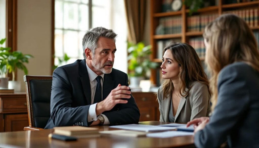 (The image depicts a lawyer and a client seated in a well-furnished lawyer's chamber, engaged in a serious discussion about judicial review for planning permission.