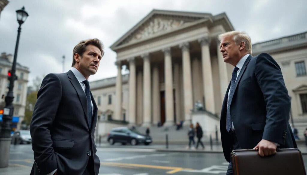 (The image depicts a person standing alongside a solicitor outside a courtroom, appearing engaged in conversation about their immigration case, which may involve a judicial review process regarding a UK visa refusal. The setting suggests a serious legal environment, highlighting the importance of legal representation in navigating immigration rules and decisions.)visa refusal challenge