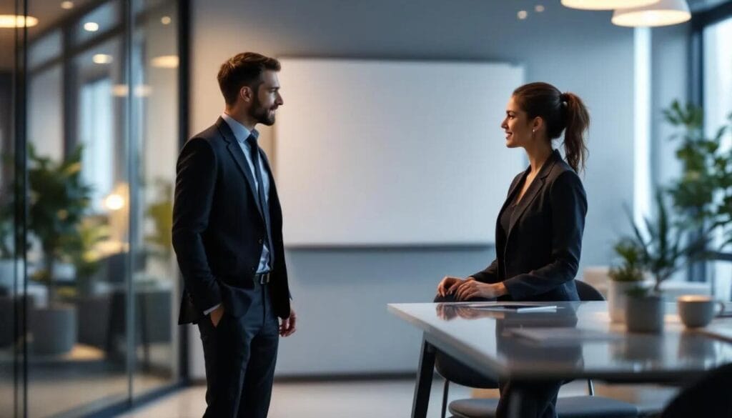 The image depicts two corporate employees engaged in a discussion about the core pillars of an effective corporate social responsibility (CSR) initiative. They are focused on how their business operations can positively affect local communities through community projects, partnerships with local charities, and maintaining socially responsible behavior. (Corporate Social Responsibility policy)