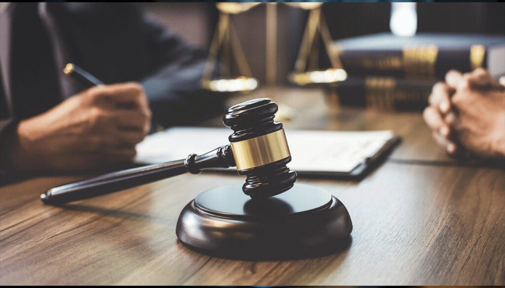 A lawyer and a judge seated at a table, with a gavel placed prominently between them, discussing a legal matter.