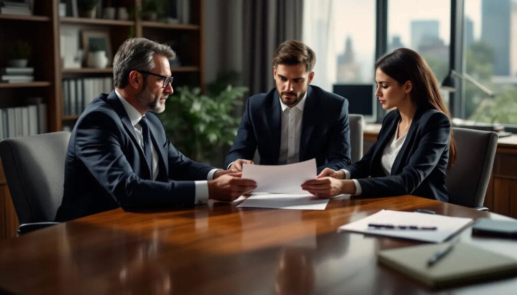 (In a lawyer's chamber, a qualified lawyer is providing guidance to a couple on the necessary relationship documents for their UK spouse visa application. The couple appears engaged and attentive, as they discuss important aspects such as their marriage certificate, joint bank account, and other evidence to demonstrate their genuine and subsisting relationship.)