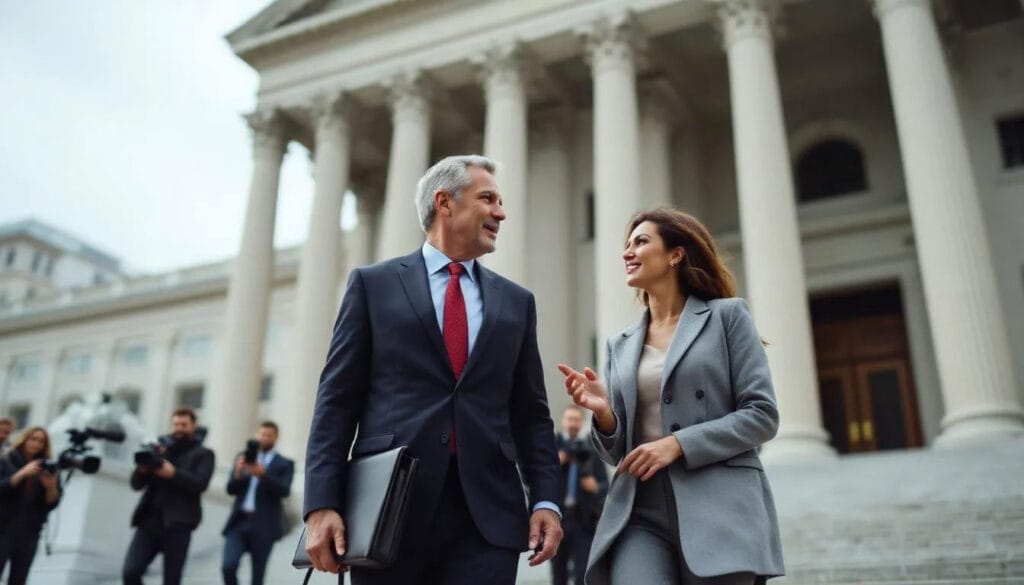 (The image depicts a lawyer and a client exiting a courtroom, engaged in a conversation about rights and benefits related to various UK visa categories, including dependent visas and skilled worker visas. They appear to be discussing important aspects of immigration status and the application process for visas in the UK.)dependent visa UK