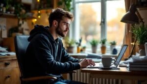 (A person is seated at a desk with a laptop, intently researching the self sponsorship visa requirements for the UK, including details about the certificate of sponsorship and the approval needed to sponsor a worker.