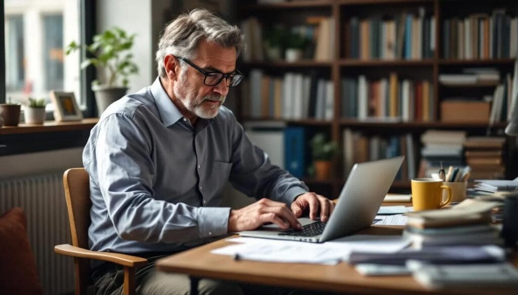 (The image depicts a skilled worker diligently filling out their UK skilled worker visa application. They are seated at a desk, surrounded by documents and a laptop, reflecting the complexity of the immigration process and the importance of meeting specific immigration rules and requirements.)