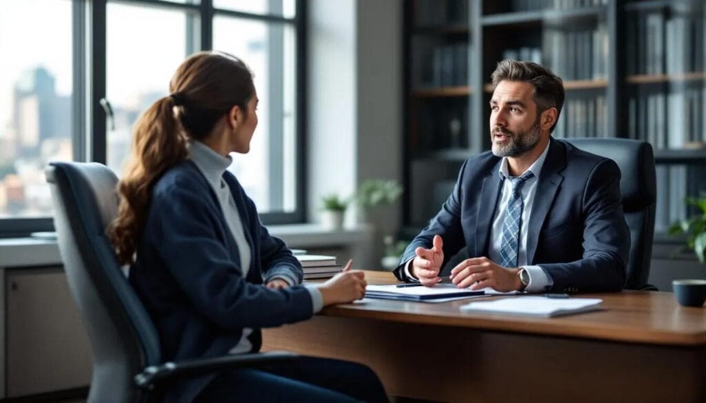 (A lawyer is seated in a well-furnished chamber, attentively guiding a client through the step-by-step process for applying for a skilled worker visa in the UK. The scene emphasizes the importance of understanding requirements such as the certificate of sponsorship and the legal obligations for both the main applicant and dependants.)self-employed visa requirements UK