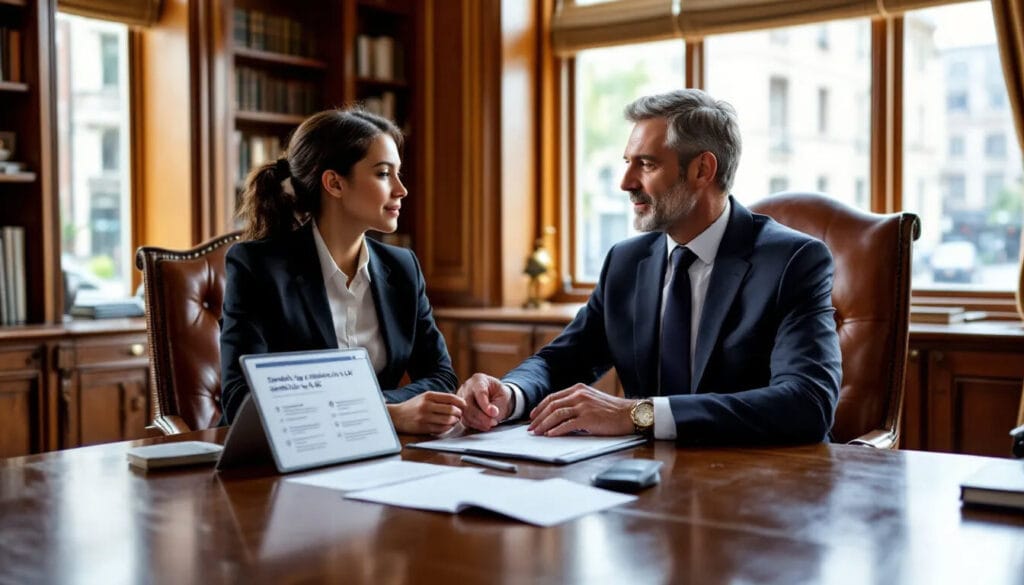 (The image depicts a lawyer in a professional setting, attentively guiding a client through the Step-by-Step Process for Switching Visas in the UK. They are discussing various visa categories, such as the skilled worker visa and student visa, while referring to important documents and immigration rules to ensure a smooth transition.)