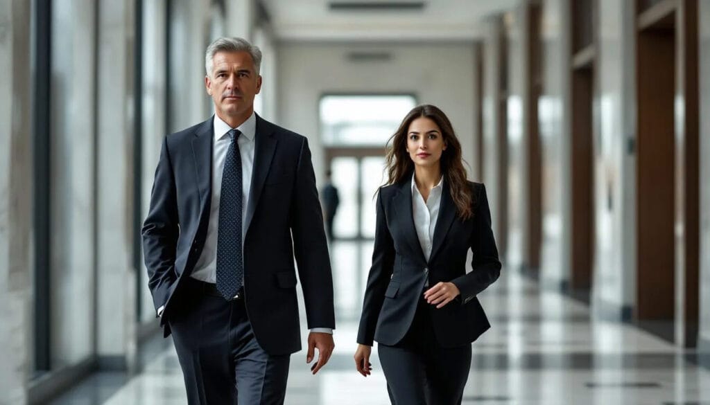 (The image depicts a person walking alongside their lawyer towards a courtroom, highlighting the seriousness of judicial review proceedings. The setting suggests an environment where legal matters are being addressed, possibly relating to a judicial review application concerning a public body's decision.)