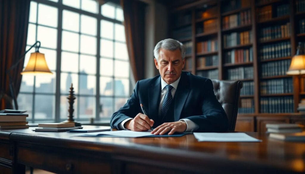 (A lawyer is seated at a desk in his chamber, intently writing notes related to judicial review claims and the judicial review procedure. Papers and legal texts are spread out around him, reflecting his focus on planning decisions and the time limits involved in the process.)judicial review planning permission