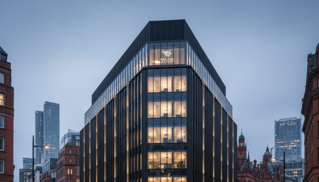 (An imposing, modern building with a dark, ribbed facade and illuminated windows, likely a law firm, stands prominently on a bustling Manchester street at dusk.)