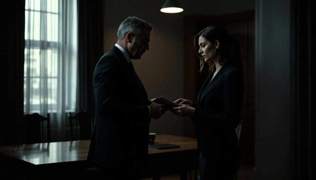 The image depicts two individuals engaged in a secretive conversation, exchanging envelopes that suggest a bribery act, possibly involving financial or other advantages.