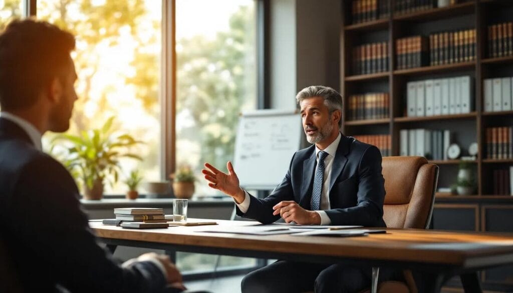 A lawyer is seated in his office, providing guidance to a corporate client on the importance of corporate social responsibility and how their business operations can positively affect local communities.