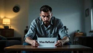 (A person sits sadly at a table in their home, staring at a refusal letter from the Home Office regarding their UK visa application, reflecting on the emotional toll of the visa refusal process and the implications it has on their immigration status. The atmosphere is somber, highlighting the weight of immigration rules and the challenges of navigating the legal framework for visa applications.)