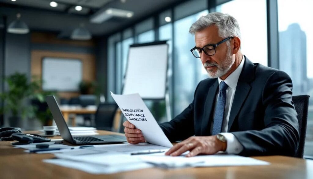 A UK employer is intently reading a newspaper article about immigration compliance, focusing on the importance of adhering to immigration laws and the potential penalties for illegal working. The article highlights the legal obligations that employers have regarding visa status and immigration compliance procedures for their sponsored employees.