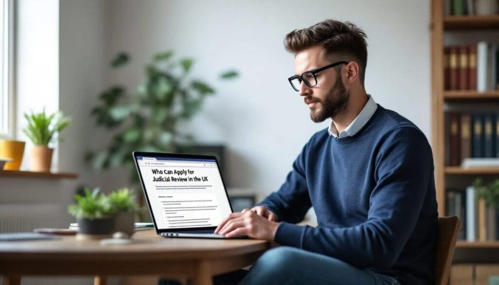 (A person is sitting comfortably in their home, focused on a laptop while reading about the judicial review process in the UK, specifically who can apply for judicial review and the relevant procedures involved. The scene conveys a sense of inquiry into legal matters, such as public bodies and the grounds for judicial review claims.)judicial review process uk
