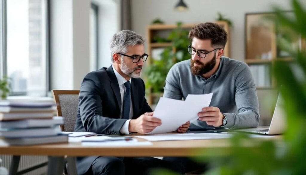 A skilled immigration lawyer is seen guiding a man through a detailed breakdown of total estimated expenses related to UK visa applications. The discussion includes essential costs such as application fees, visa fees, and additional hidden costs, ensuring the man understands the financial implications of the immigration process.