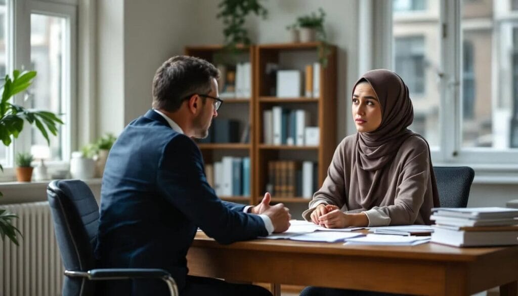 The image depicts a lawyer sitting at a desk, attentively guiding an immigrant through a document that outlines common reasons for visa refusals, such as visa expiration and eligibility criteria. The lawyer emphasizes the importance of understanding the immigration health surcharge and its implications for UK visa applicants.